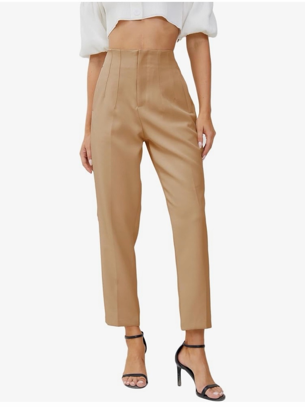 Dynamite Kendall Side Zip Slim High-Waist Tailored Crop Pants in Camel